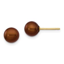 14k Yellow Gold 6-7mm Brown Round Freshwater Cultured Pearl Stud Post Earrings