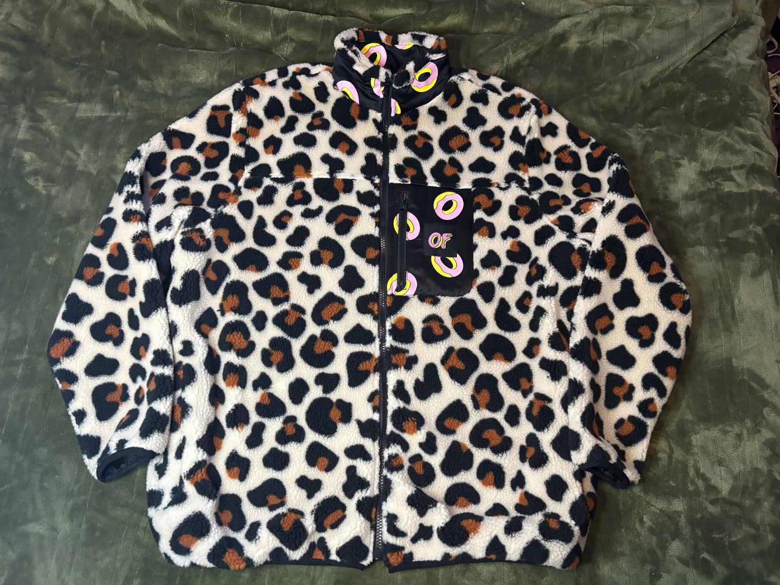 OFWGKTA Jacket Mens Medium Brown Leopard Fleece Donut Logo Full Zip Bomber