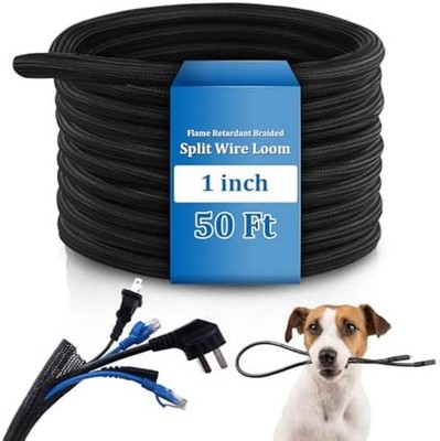 50Ft Split Wire Loom Tubing Flame Retardant Braided Cable Sleeve Split High Temp