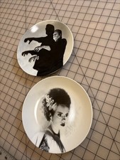 Vtg World Market 8 Set Of 2 Frankenstein/Bride Of Frankenstein Ceramic Plates
