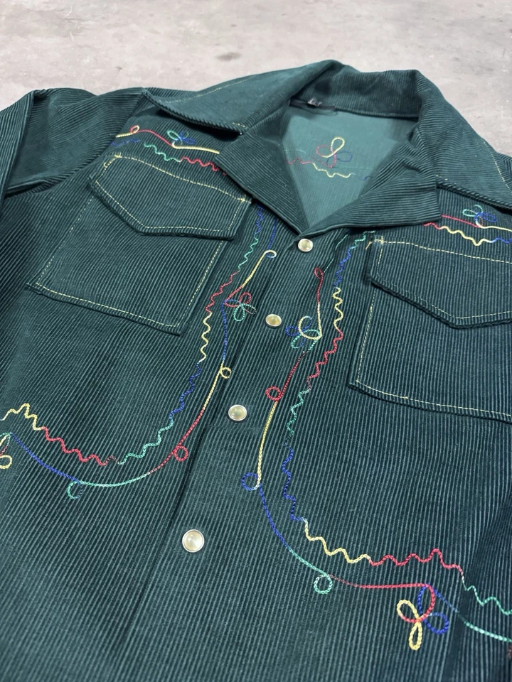 Chaqueta de pana verde bosque vintage años 60/70 con detalles de costura de cadena talla M Foto 2 de 4