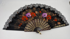 Vintage Hand Painted Plastic Frame Lace Trim Folding Fan