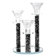 Allgala 9" 3-Pillar Crystal Candlesticks with Diamond Stones & Mirror Base