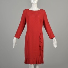 XL 1980s Red Shift Dress Ruffle Hem Long Sleeve Viscose Carolina Herrera