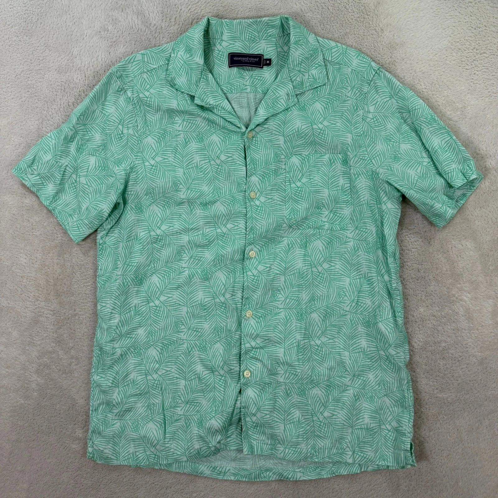 Vineyard Vines Mens Medium Green Palm Leaf Print 100% Linen Camp Shirt Casual