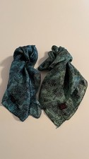 Asian Eye Vintage Jewel-Toned Blue  Green Silk Scarves 20 1/2 x 22 1/2 Inches