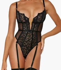 New DREAMGIRL Women's Black Gold Lace Lingerie Teddy Medium M Mesh Garter Straps