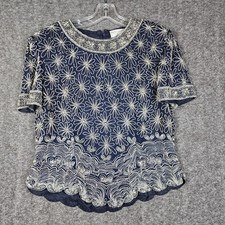 Papell Boutique Evening Top Womens 12 Navy Blue Silk Beaded Floral Scalloped