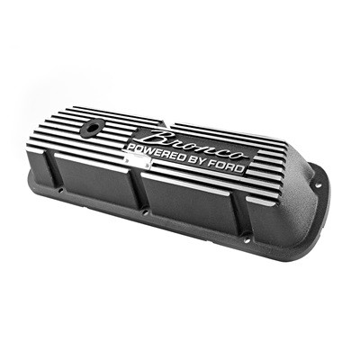 6A582-B Scott Drake Aluminum Valve Covers Black with Bronco Powered by Ford Logo