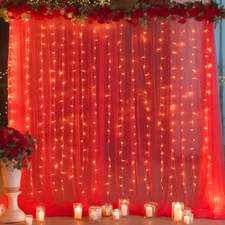 10x10ft Red Backdrop Curtain with Lights String Sheer Tulle Photo Drape