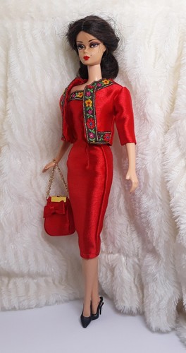 Outfit Dress Coat Bag Fits Silkstone Doll Barbie FR Handmade Flower Red Silk - Picture 4 of 10