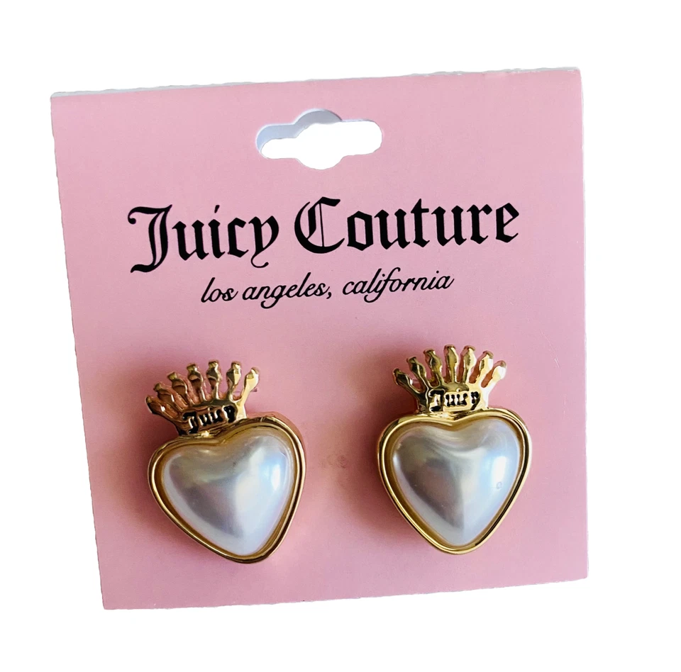 Juicy Couture heart Shaped pearl crown stud earrings Gold Tone Logo Pierced - Image 3 of 4