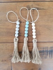 3 Handmade Wood Bead Hanging Decor with Tassels Garland Natural, Blue and Gray