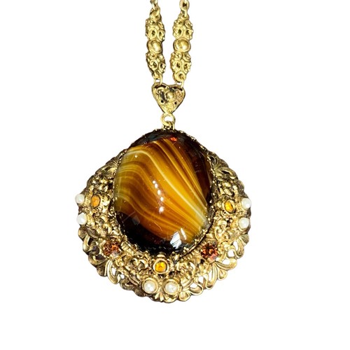 Western Germany Kamee Strass goldfarben Anhänger Halskette Achat Perle Vintage - Bild 2 von 14