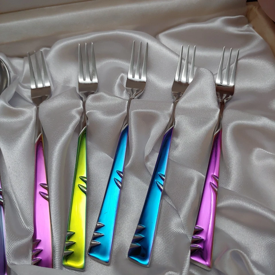 5 Demitasse Spoons & 5 Cocktail Forks - vtg 1990s Colorful Metallic Dinner Mate - Image 3 of 4