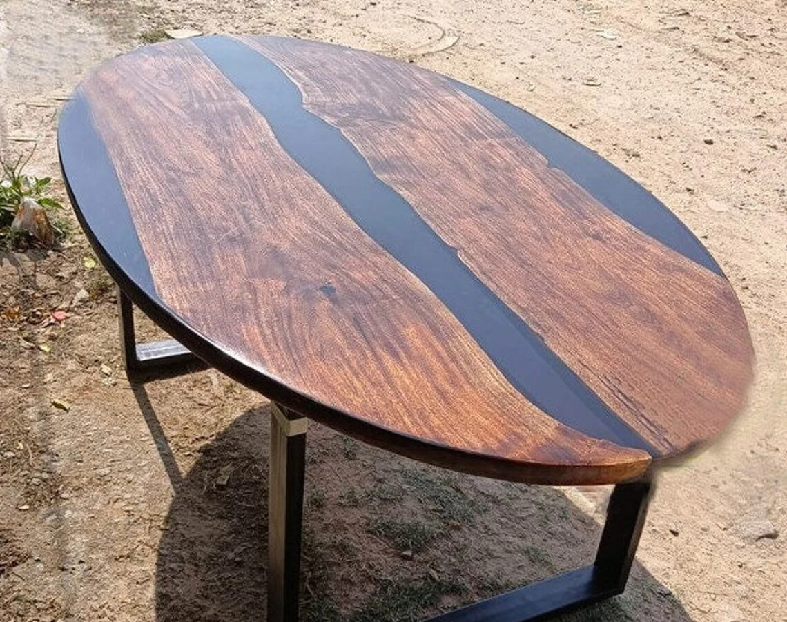 Custom Made Black Epoxy Oval DiningTable Top, Handcrafted Acacia Wooden Tables
