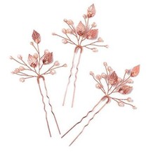 Rose Gold Hair Pins 3 Packs , Crystal Leaf Wedding Hair Accessories for Women