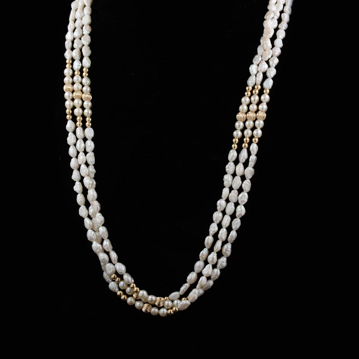 3 Strand Freshwater Pearl Necklace 14K Yellow Gold Beads 34