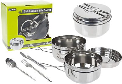SUMMIT 6-teiliges Edelstahl Tiffin Camping Kochset Töpfe Pfannen & Besteck