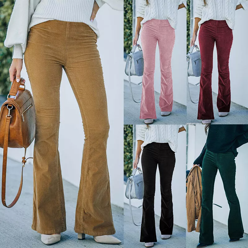 Women Corduroy Flared Pants High Waist Bootcut Bell Bottoms