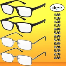 Reading Glasses Mens Womens 4 Pack Metal and Plastic Style Readers Spring Hinge