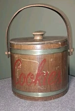 Vintage Wood Barrel Bucket Handle Cookie Jar