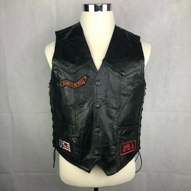 Diamond Plate Buffalo Black Leather Motorcycle Biker Vest Patches Mens Size M eBay