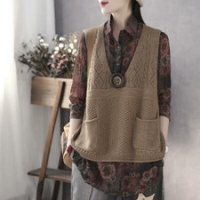 Women Retro Knitted Vest Hollow Sweater Jumper Pullover Top Knitwear Waistcoat