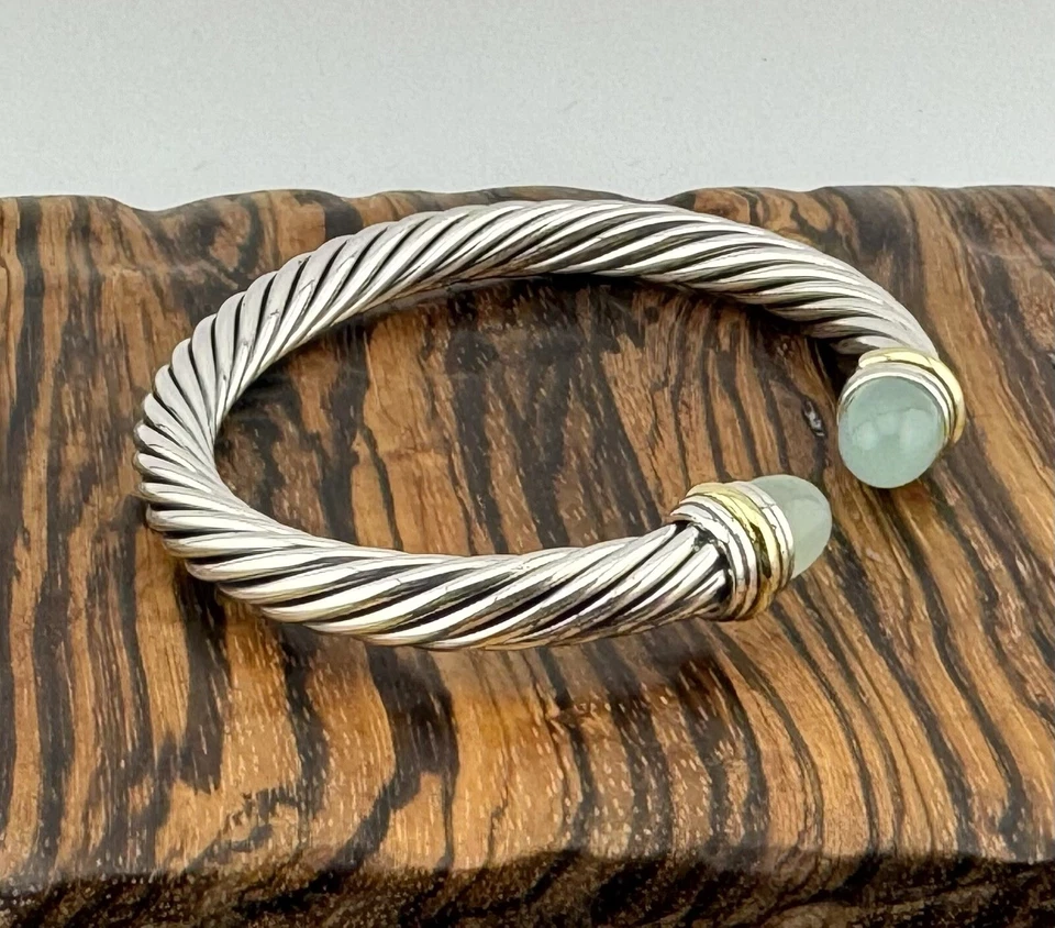 David Yurman pulseira de cabo 7 mm prata esterlina calcedônia e ouro 14k tamanho M - Imagem 3 de 4