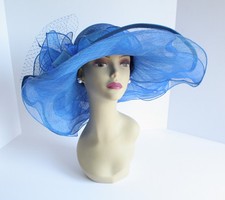 NEW Church Derby Wedding Sinamay  Organza Wide BrimHat Navy/Royal Blue VF3034