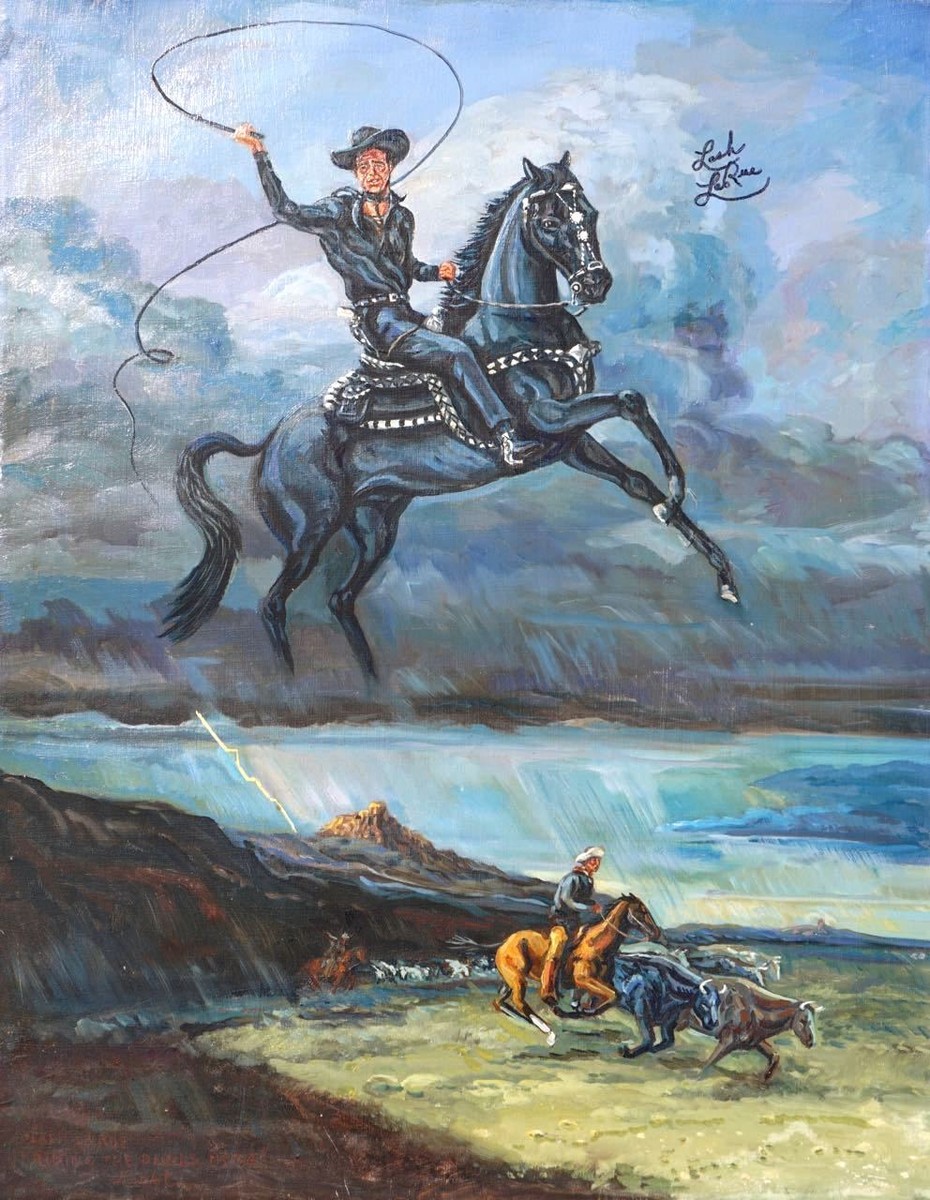 ORIGINAL VINTAGE PAINTING LASH LARUE BULLWHIP MAN IN BLACK WESTERN
