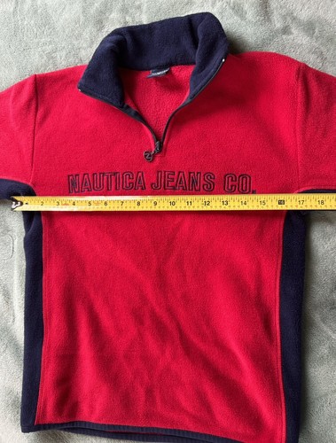 Vintage 90’s Nautica Jeans Co 1/4 Zip Fleece Sweater Red Navy Boys Sz S 8-10 - Picture 8 of 12