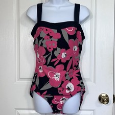 Miraclesuit One Piece Swimsuit Floral Pink Black Square Neck Slimming Sz 10 VTG