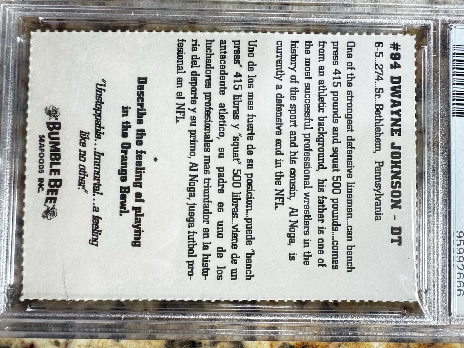 1994 Miami Bumble Bee Dwayne Johnson The Rock Rookie RC PSA 4 view 4