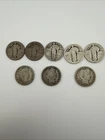 Mixed Lot of 8 Standing Liberty (5) & Barber (3) Quarter-Dollars--90% Silver
