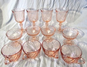 Vtg Arcoroc Rosaline Pink Optic Swirl Glasses Tea Cups Custard Bowls 12 pc 1980s