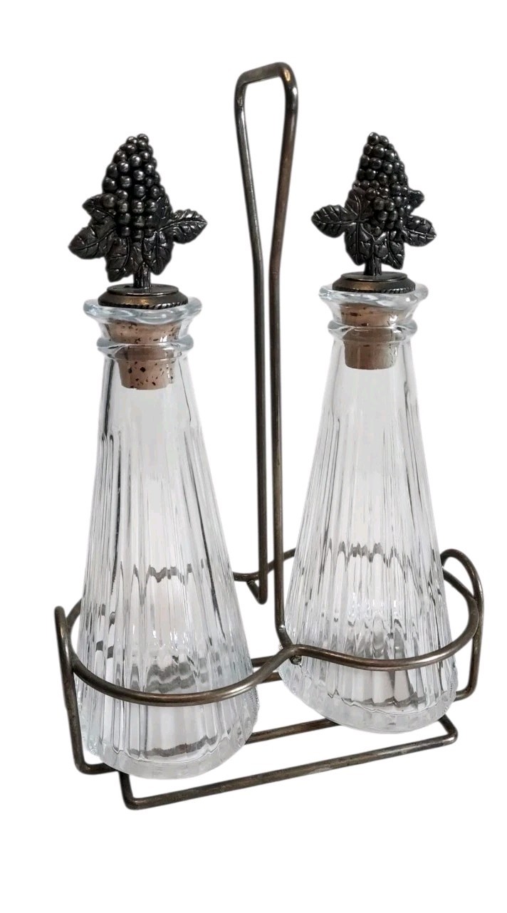 Vintage Crystal Oil & Vinegar Cruet Set In Silver Plated Caddy By Mikasa 