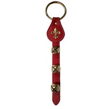 Fleur de Lis Charm Red Leather Strap Sleigh Bell Door Hanger 12 In Made in USA