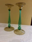 New Listing2 Steuben Green and Amber Candle Sticks