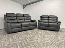 3+2 Leather Recliner Sofa Set with Cupholders – Leather Manual Recliner Grey