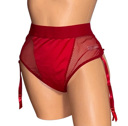 OH LA LA CHERI Red Fishnet Shiny Satin Panel Nylon Garter Panties Women’s L/XL - Picture 3 of 13