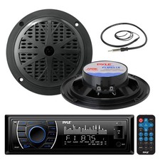 Pyle Marine USB AUX Black Radio, Black 5.25" 100W Marine Speakers,Marine Antenna