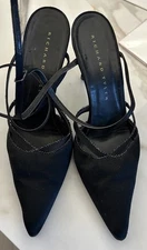 Richard Tyler Black Satin Sz 9 Beaded Trim Ankle Strap Stiletto Heels Slingback