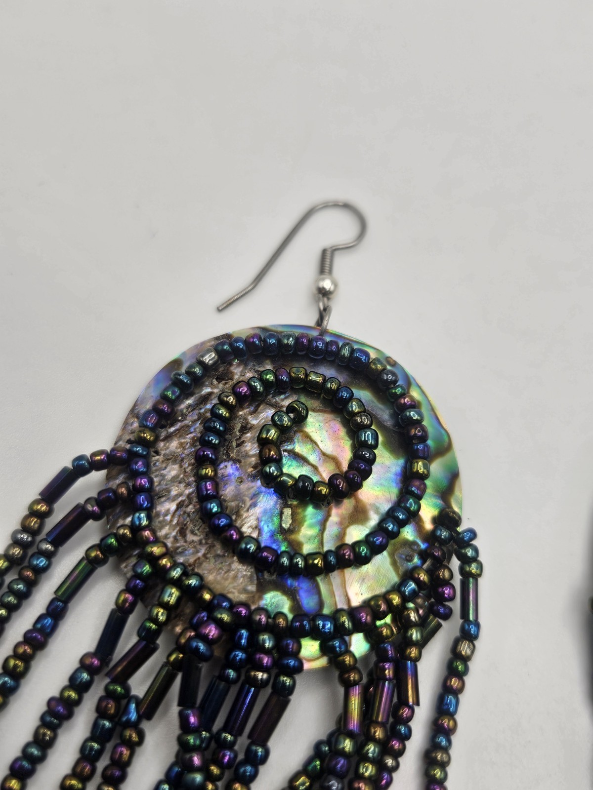 Vintage Abalone Shell Dangle Black Iridescent Gla… - image 2