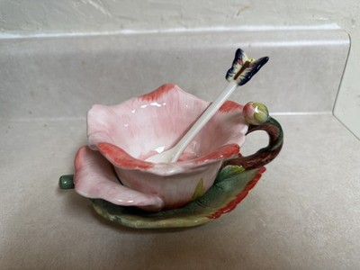 Corner Ruby Garden Collection pink Flower Teacup Leaf Saucer Spoon Set