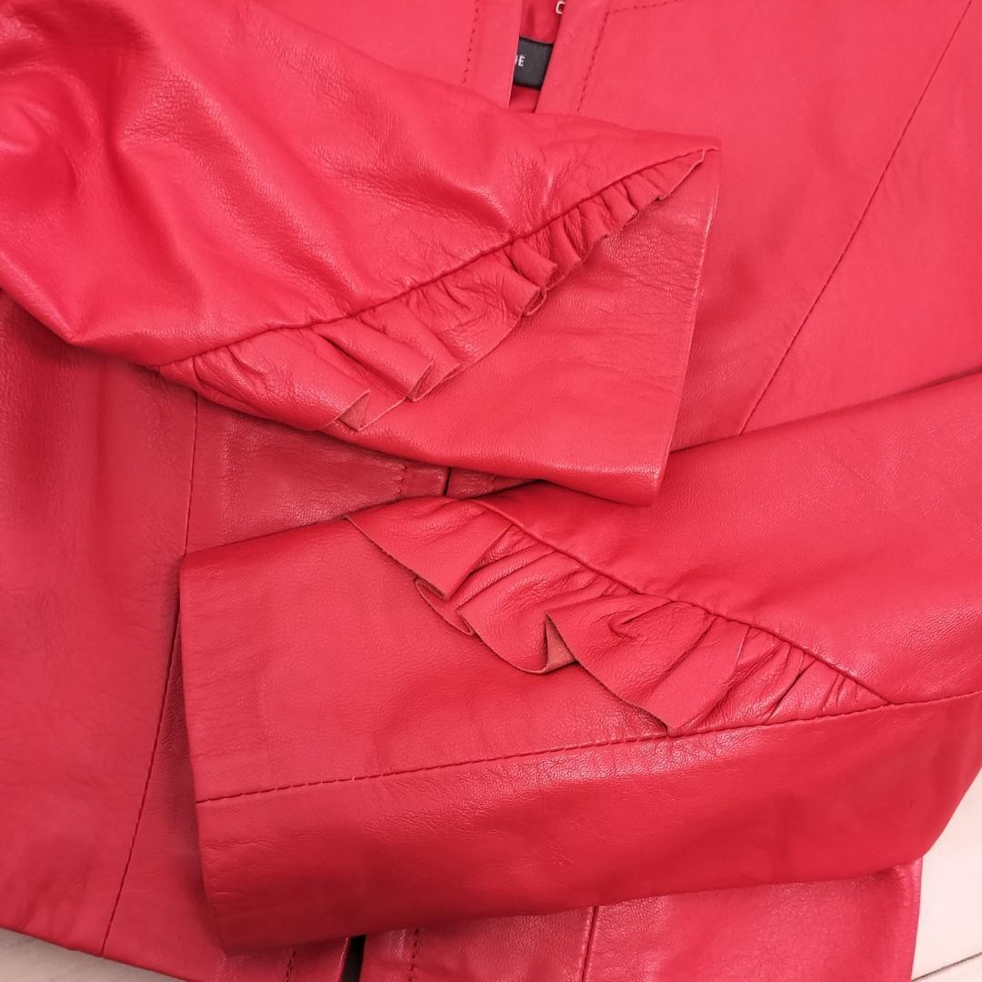 SANDRO FERRONE Red Leather Cropped Jacket with Ruffle Sleeves, Size L image 8