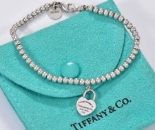 6.6" Please Return To Tiffany  Co Silver Heart Padlock Charm Bead Bracelet Lock