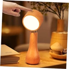 Wooden Small Bedside Table Lamp, Portable Touch Switch Wooden Roundness Lamp