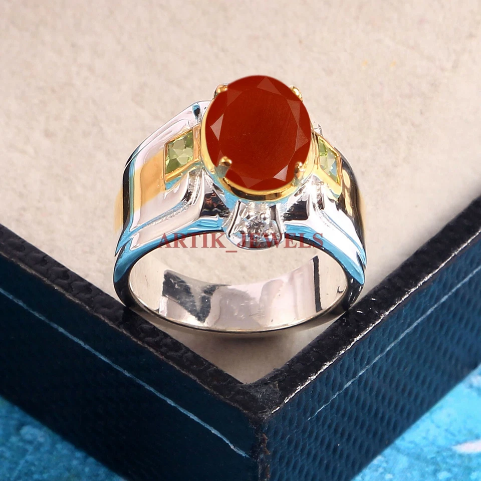 Anillo De Hombre De Plata De Ley 925 Con Ónix Rojo Natural Y Peridoto #5801 - Imagen 2 de 4