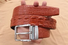 Red Brown Alligator Crocodile Print Leather  Men's Belt - W 1.3"